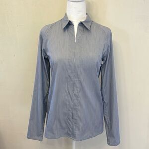 Theory blue white vertical stripe long sleeve zip front blouse Size S EUC